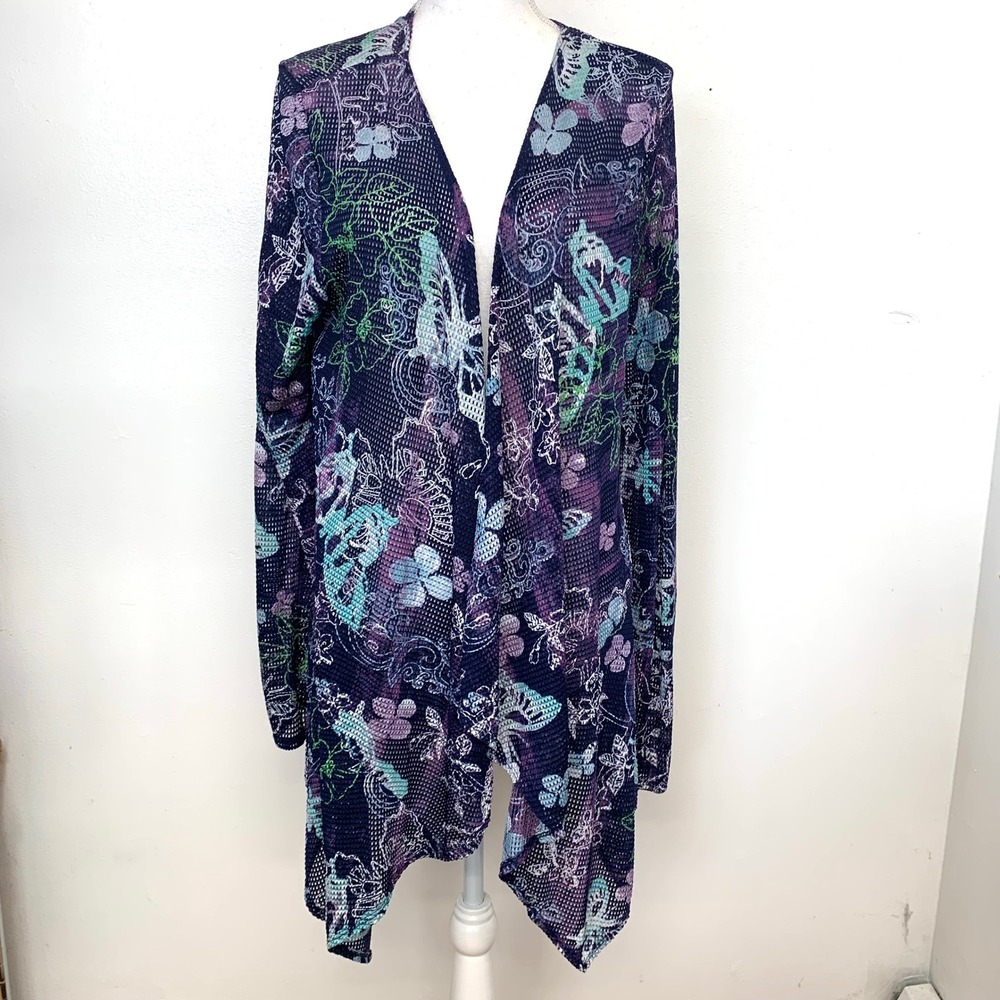 Aqua Blues 1X Mesh Cardigan Butterfly Floral Open Front Duster Made in USA Navy
